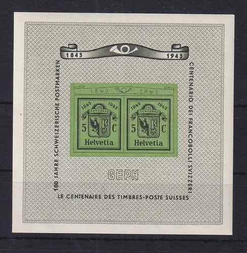 Schweiz 1943 Genfer Briefmarken-Ausstellung GEPH Mi.-Nr. Block 10 postfrisch **