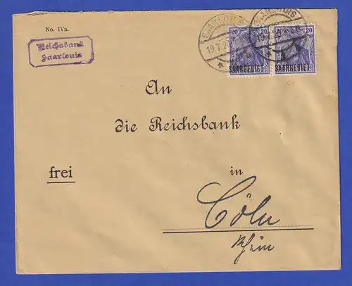 Saargebiet Mi.-Nr. 35 mit PLF XII beide E abgeschrägt auf Brief aus SAARLOUIS 