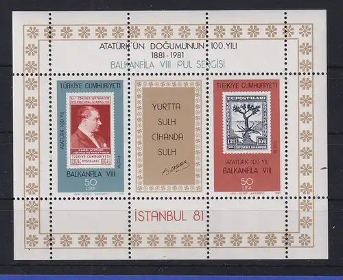 Türkei 1981 Atatürk 100. Geburtstag - Briefmarkenausstellung Mi.-Nr. Block 20 **