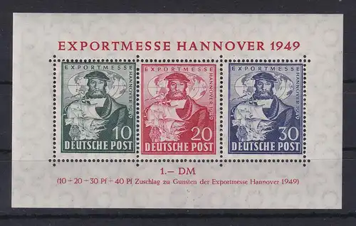 Bizone Hannover-Messeblock 1949 Mi.-Nr. Block 1a postfr. ** gepr. Schlegel BPP