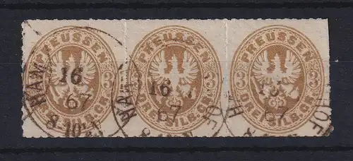 Preußen 3 Sgr Mi.-Nr. 18a Dreierstreifen mit Ortsstempel HAMBURG BAHNHOF 1867