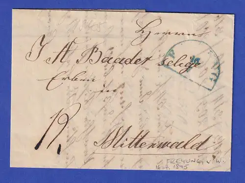 Bayern Geschäftsbrief mit Halbkreis-Stempel FREYUNG in grün 1845
