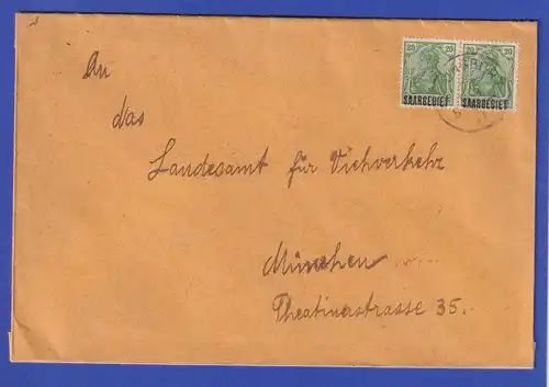 Saargebiet Germania 20Pfg grün Mi-Nr 46 waag. Paar als MEF auf Brief St. Ingbert