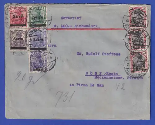 Saargebiet Germania Mischfrankatur 1. und 2. Ausgabe Wertbrief Saarbrücken 1920