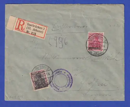 Saargebiet R-Brief mit Germania Mi.-Nr. 38x und 48,  O SAARBRÜCKEN 21.12.20