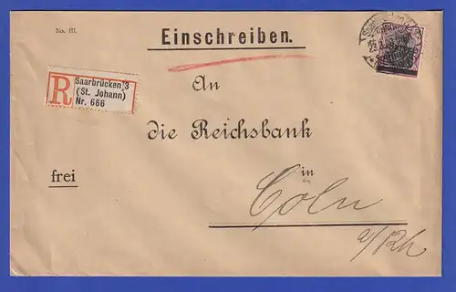 Saargebiet R-Brief mit EF Germania Mi.-Nr. 13 x a I ,  O SAARBRÜCKEN 23.3.20