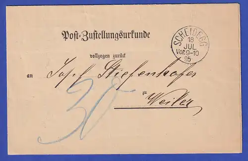 Bayern Post-Zustellungsurkunde mit Rundstempel SCHEIDEGG 1895