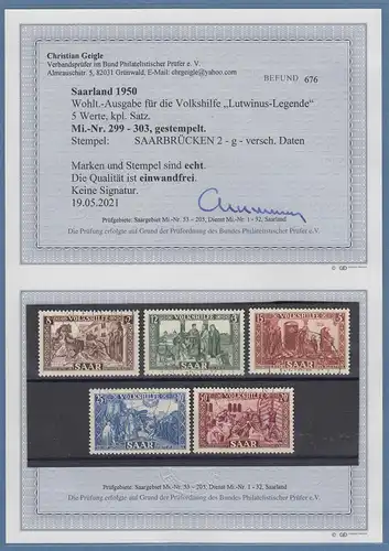 Saar 1950 Volkshilfe Bilder Lutwinus-Legende Satz 5 Werte Mi.-Nr. 299-303 