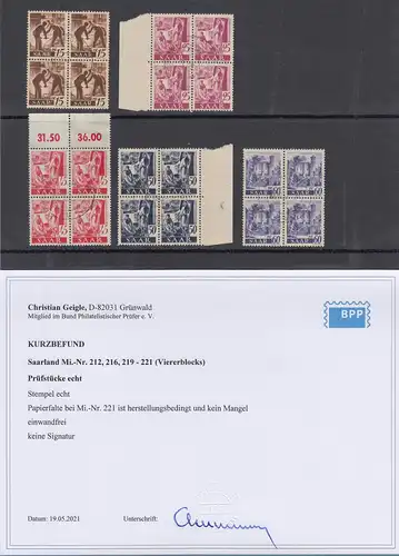 Saarland Freimarken 1947 Lot 5 bessere O Viererblocks gest. gepr. mit Befund