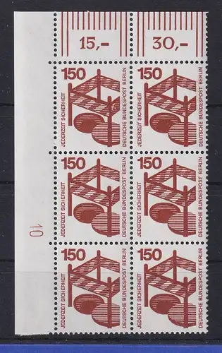 Berlin 1971 Unfallverhütung 150 Pfg Eckrand-Sechserblock m. Druckerzeichen 10 **