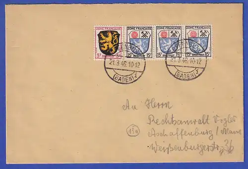 Französische Zone Wappen MIF 4 Werte auf Doppel-Brief O OFFENBURG 21.3.46