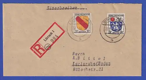 Französische Zone Wappen MIF 2 Werte auf R-Brief O LÖRRACH 27.2.46 