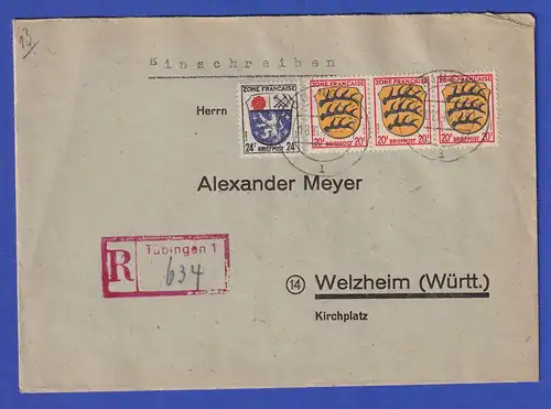 Französische Zone Wappen MIF 4 Werte auf R-Brief aus TÜBINGEN 18.11.46 