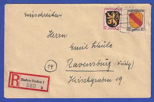 Französische Zone Wappen MIF 2 Werte auf R-Brief aus Baden-Baden 17.2.46 