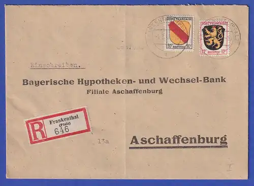 Französische Zone Wappen MIF 2 Werte auf R-Brief aus Frankenthal (Pfalz) 1.3.46