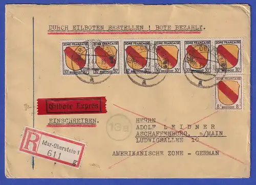 Französische Zone Wappen MIF 7 Werte auf R-Expr-Brief aus Idar-Oberstein 14.1.47