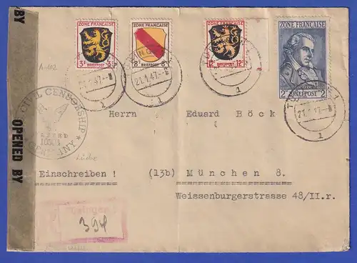 Französische Zone Schiller 2M in MIF auf R-Brief aus Tübingen 21.1.47