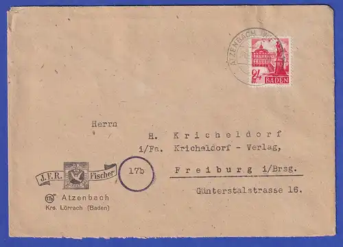 Franz. Zone Baden 24 Pfg Mi.-Nr. 8 EF auf Brief aus ATZENBACH, 31.5.47