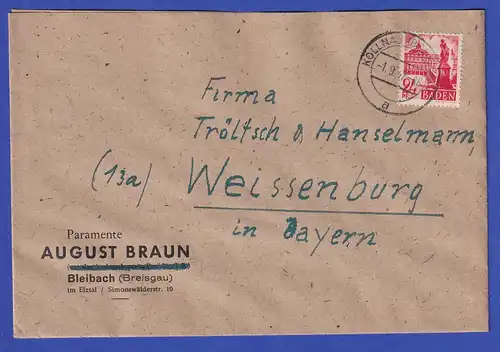 Franz. Zone Baden 24 Pfg Mi.-Nr. 8 EF auf Brief aus KÖLLNAU, 1.9.47