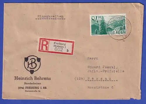 Franz. Zone Baden 84 Pfg Mi-Nr. 12 EF auf R-Brief aus FREIBURG , 1947