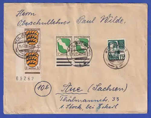 Franz. Zone Baden Mi.-Nr. 4 in MIF auf Brief aus WEIL (RHEIN) vom 15.12.47