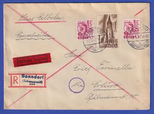 Franz. Zone Baden Mi-Nr. 9 und 13 auf R-Eil-Brief aus Bonndorf 22.9.47 n. Erfurt