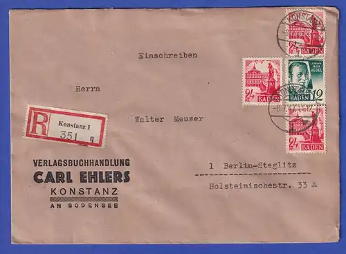 Franz. Zone Baden 4 Werte in MIF auf R-Brief aus Konstanz 8.7.47