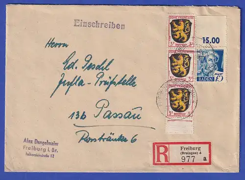 Franz. Zone Baden 4 Werte in MIF auf R-Brief aus Freiburg 12.1.48