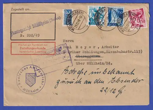 Franz. Zone Baden 3 Werte in MIF auf Zustellungsurkunde aus Müllheim, 21.12.49