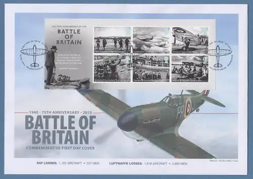 Großbritannien 2015 Luftschlacht um England Mi.-Nr. Block 94 auf Souvenir-FDC