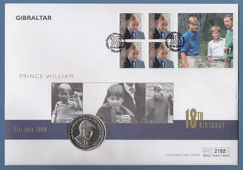 Gibraltar 2000 Prinz William 18.Geburtstag Scmuckbrief m. PP-Gedenkmünze 1 Crown