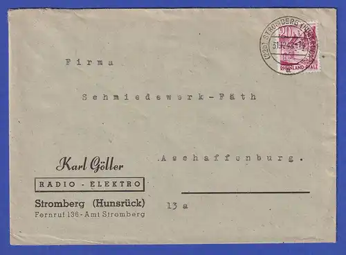 Franz. Zone Rh.-Pfalz Mi.-Nr. 38 auf Brief, O STROMBERG HUNSRÜCK 31.12.48