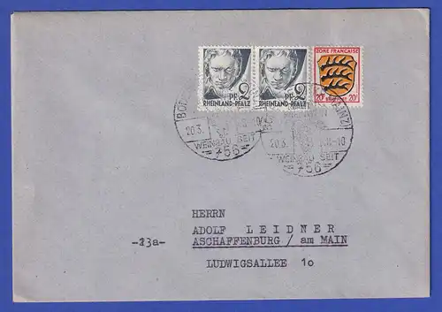 Franz. Zone Rh.-Pfalz Mi-Nr. 1 in MIF auf Brief aus Bodenheim vom 20.3.48