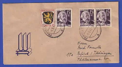 Franz. Zone Rh.-Pfalz  4 Werte auf Brief aus Frankenthal vom 1.9.47.