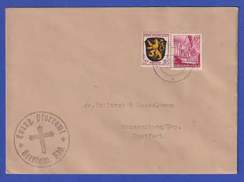 Franz. Zone Rh.-Pfalz Mi.-Nr. 10 in MIF auf Doppelbrief, O HARZHEIM 25.3.48