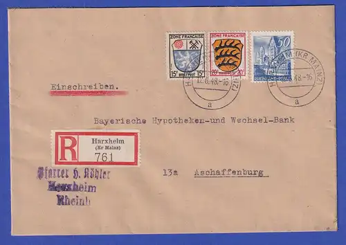 Franz. Zone Rh.-Pfalz Mi.-Nr. 11 in MIF auf R-Brief aus HARXHEIM vom 12.6.48