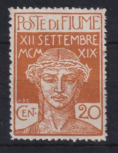 Fiume 1920 Militärpostmarke 20 C Mi.-Nr. 3 ungestempelt ohne Gummierung (*)