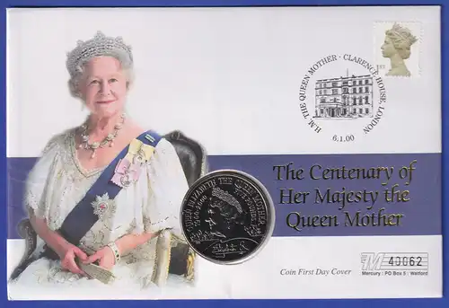 Großbritannien 2000 100. Geburtstag Queen Mom Souvenir-FDC mit Münze 