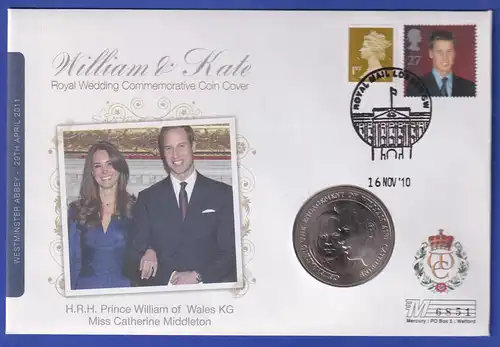 Großbritannien 2010 Hochzeit von William und Kate Souvenir-FDC mit Münze 