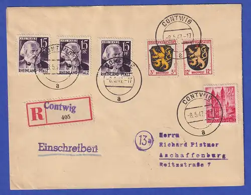Franz. Zone Rh.-Pfalz Mi.-Nr. 5 und 8 in MIF auf R-Brief aus CONTWIG 3.5.47