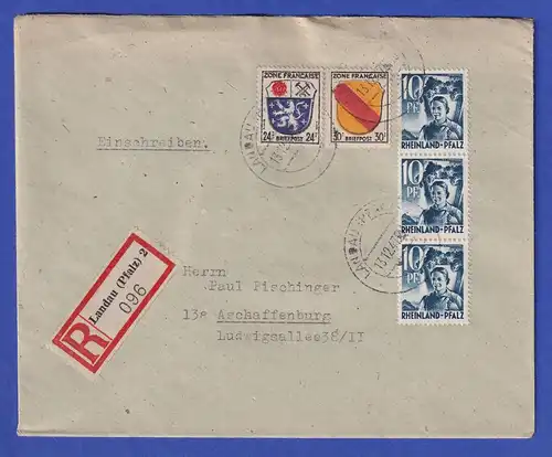 Franz. Zone Rh.-Pfalz Mi.-Nr. 3 (3x )in MIF auf R-Brief aus Landau, 13.12.47