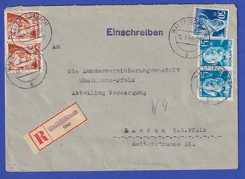 Franz. Zone Rh.-Pfalz Mi-Nr. 16, 21 und 26 auf R-Brief aus WALDFISCHBACH 12.7.48