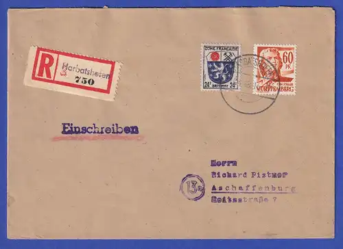 Franz. Zone Württemberg Mi-Nr. 10 in MIF auf R-Brief aus Harbatshofen, 14.4.48