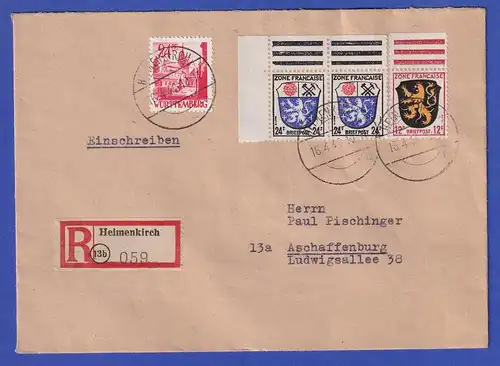 Franz. Zone Württemberg Mi-Nr. 8 in MIF auf R-Brief aus Helmenkirch, 16.4.48