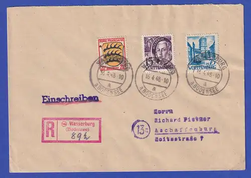 Franz. Zone Württemberg Mi-Nr. 5 und 11 in MIF auf R-Brief , Wasserburg 16.4.48