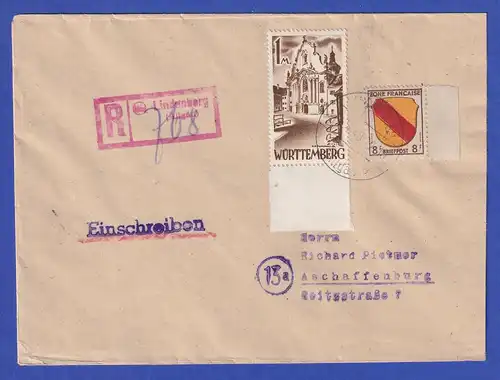 Franz. Zone Württemberg Mi-Nr. 13 in MIF auf R-Brief aus Lindenberg 14.4.48
