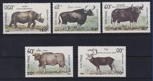 Laos 1990 Pflanzenfresser Nashorn Rinder Hirsch Mi.-Nr. 1227-1231 postfrisch ** 