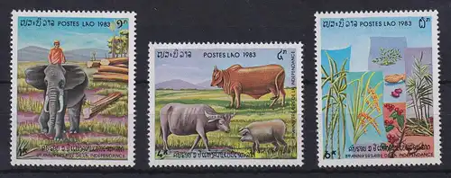 Laos 1983 Elefant Haustiere Nutzpflanzen  Mi.-Nr. 691-693 postfrisch ** 