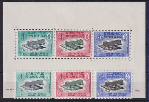 Laos 1966 Einweihung WHO in Genf Mi.-Nr. 182-184 und Block 39 postfrisch ** 