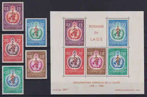 Laos 1968 20 Jahre WHO Mi.-Nr. 230-234 und Block 46 postfrisch ** 